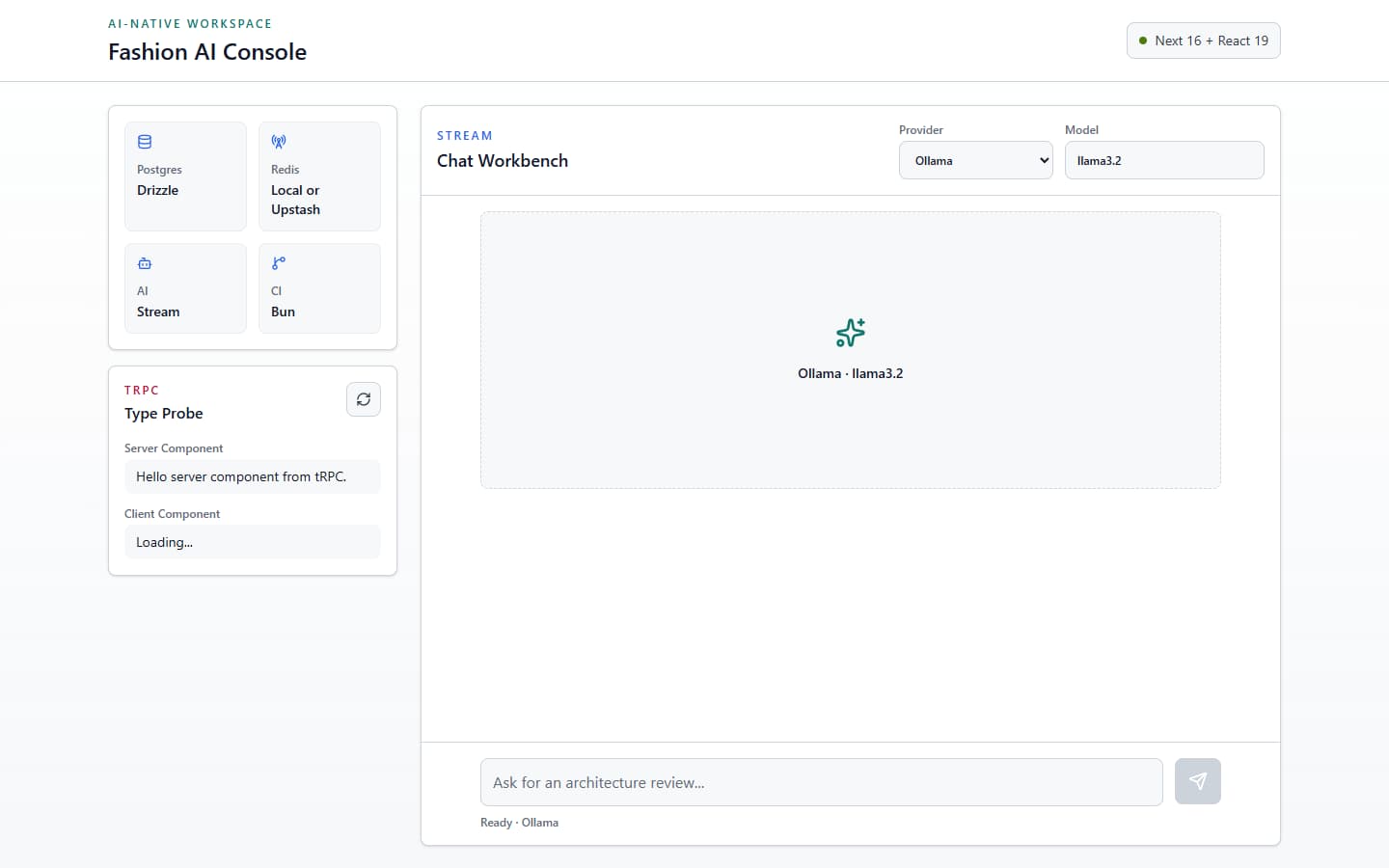 Fashion AI Console showing infrastructure status and the chat workbench